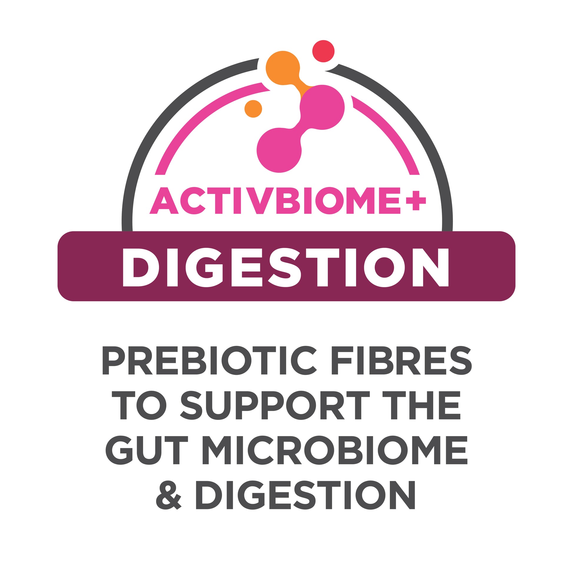 Activbiome+ Digestion product label with prebiotic fibers text on a white background