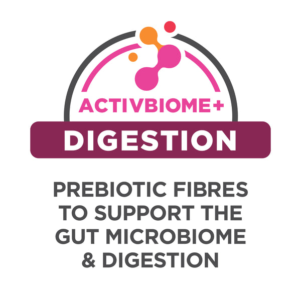 Activbiome+ Digestion product label with prebiotic fibers text on a white background