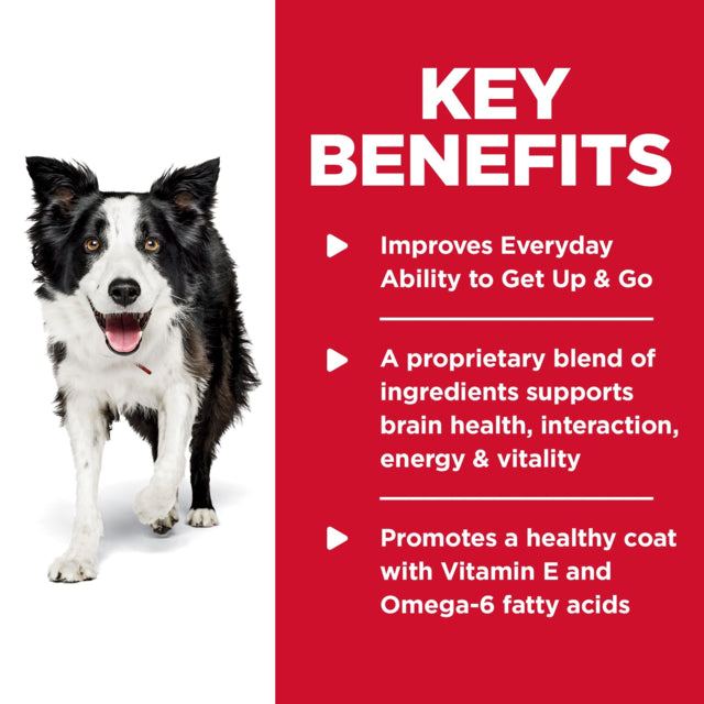 Hills Science Diet Senior Vitality dog food package with a black and white dog on the label.