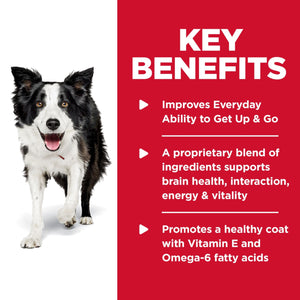 Dog with key benefits text on a red background