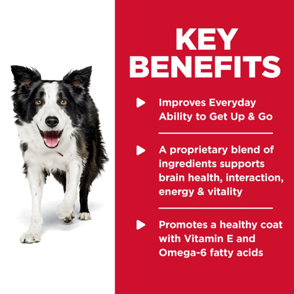 Dog with key benefits text on a red background