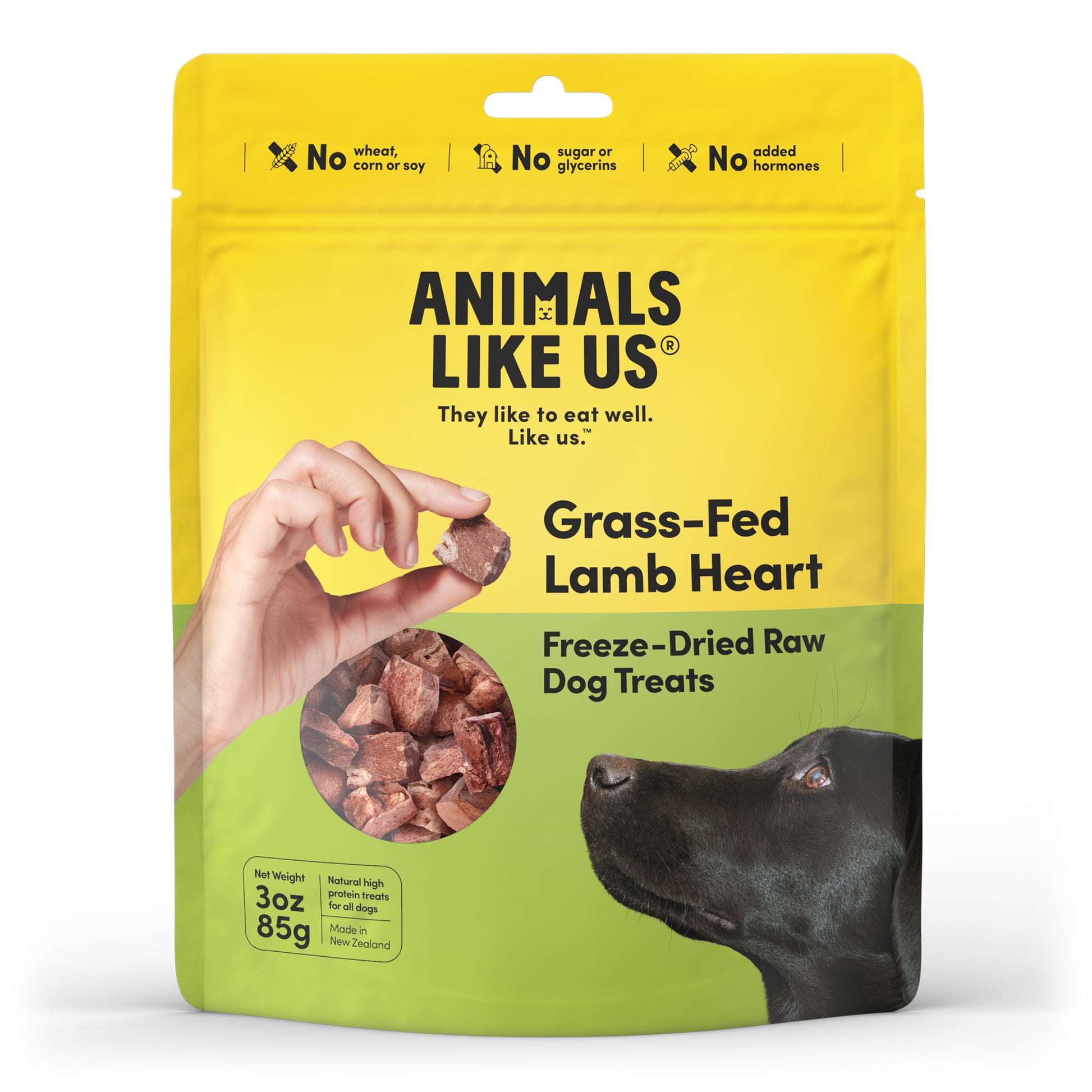 Package of Animals Like Us Grass-Fed Lamb Heart freeze-dried raw dog treats on a white background