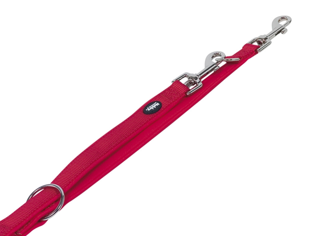 Red dog leash with metal clips on a white background