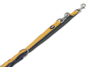 Dog leash with yellow and black design on a white background