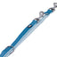 Blue dog leash with silver hardware on a white background