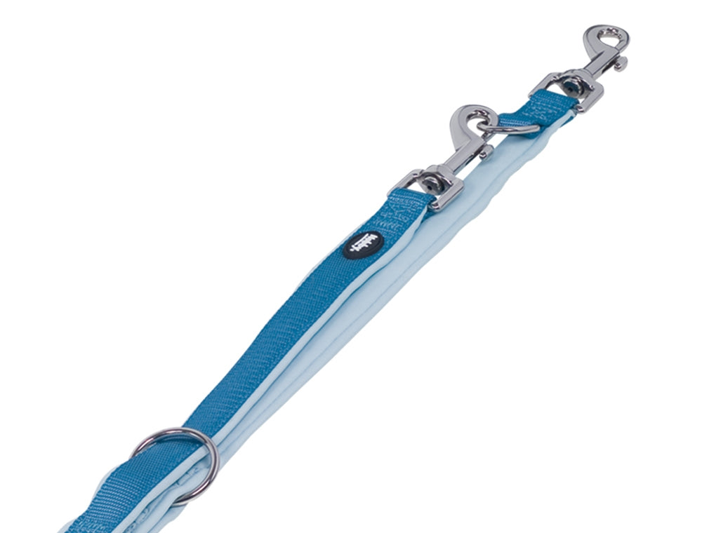 Blue dog leash with silver hardware on a white background