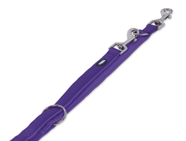 Purple dog leash with silver clips on a white background