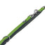 Green and gray dog leash with metal clip on a white background