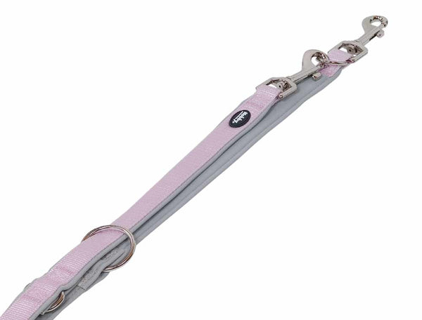 lillac and gray dog leash with metal clips on a white background