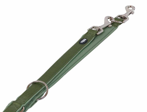 Forest green dog leash with metal clips on a white background