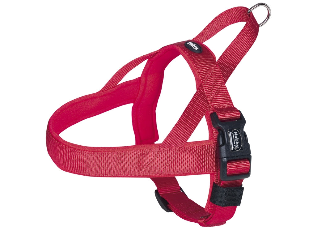 Red dog harness with black buckle on a white background