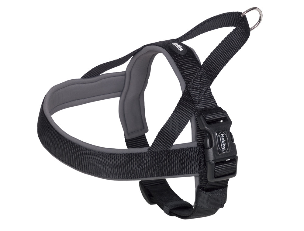 Black and gray dog harness on a white background