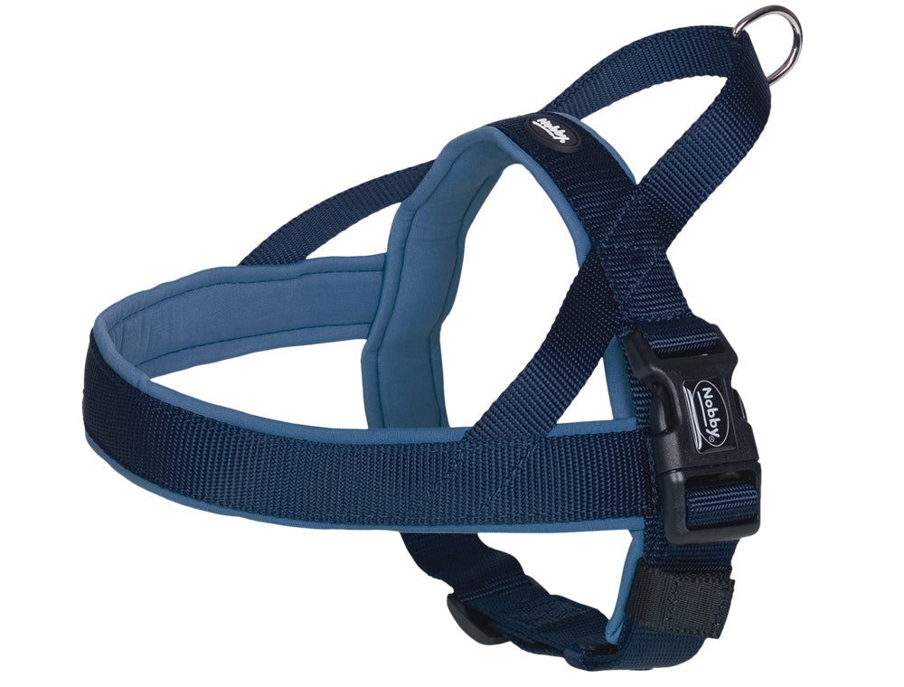 Blue dog harness on a white background