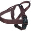 Brown dog harness with a black buckle on a white background
