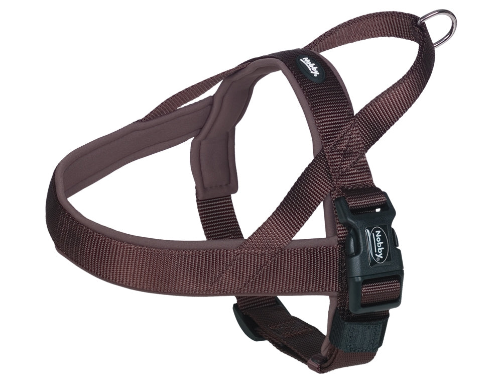 Brown dog harness with a black buckle on a white background