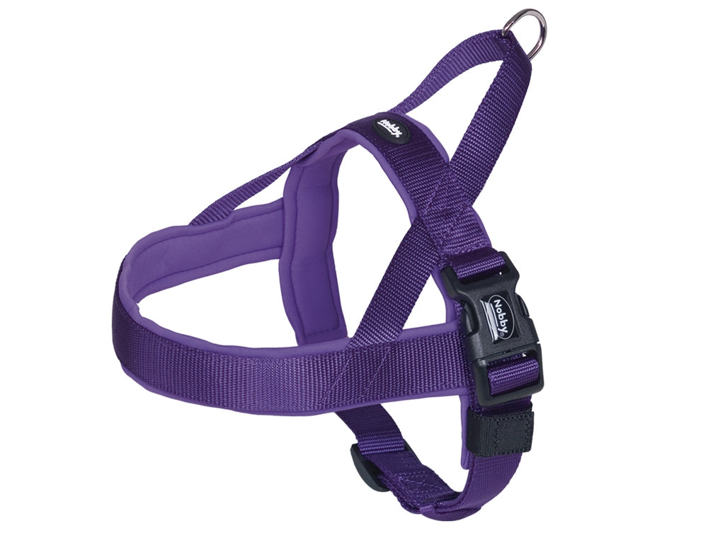 Purple dog harness on a white background
