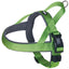 Green dog harness with black straps on a white background