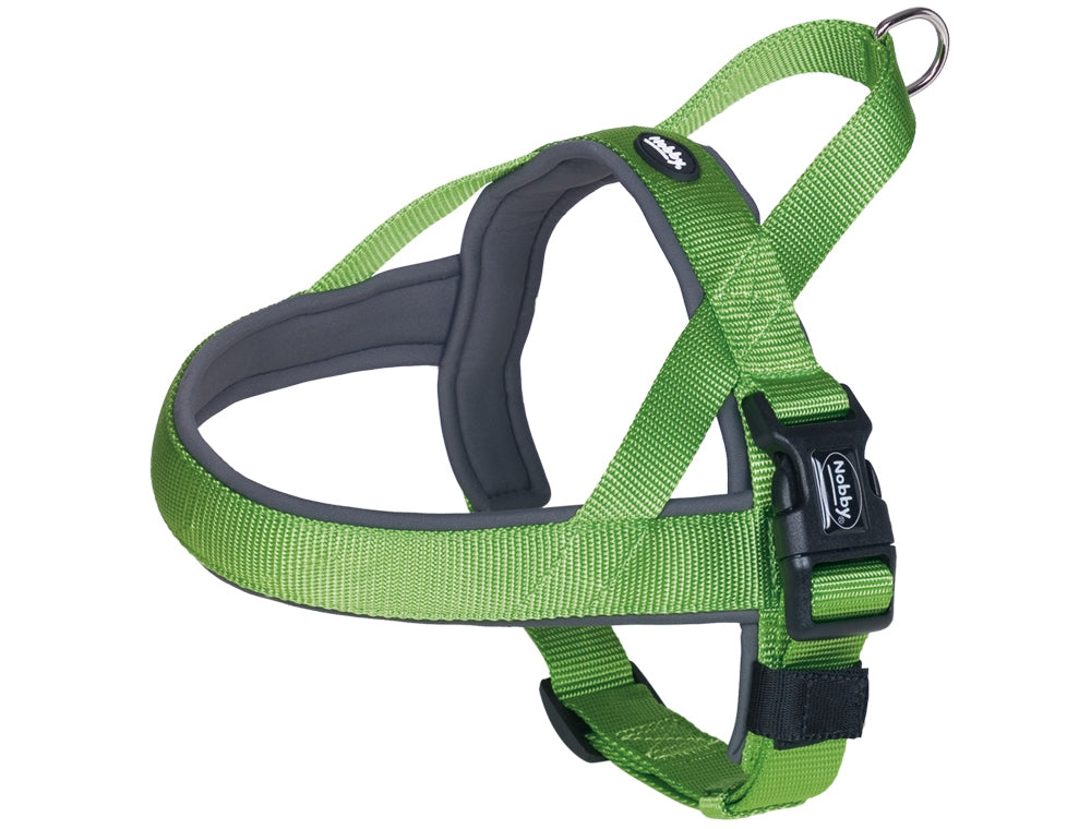 Green dog harness with black straps on a white background