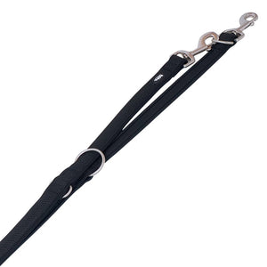 Black dog leash with silver clips on a white background