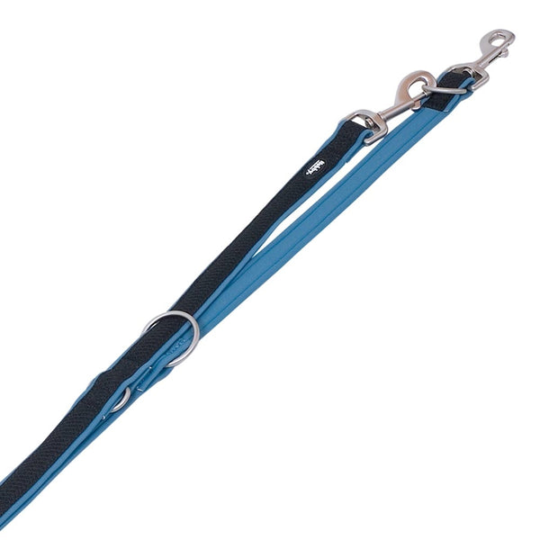 Blue and black dog leash with metal clip on a white background