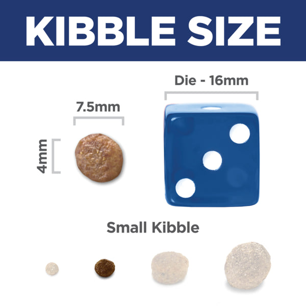 Diagram showing kibble size with a blue die labeled '16mm' and small kibble samples.