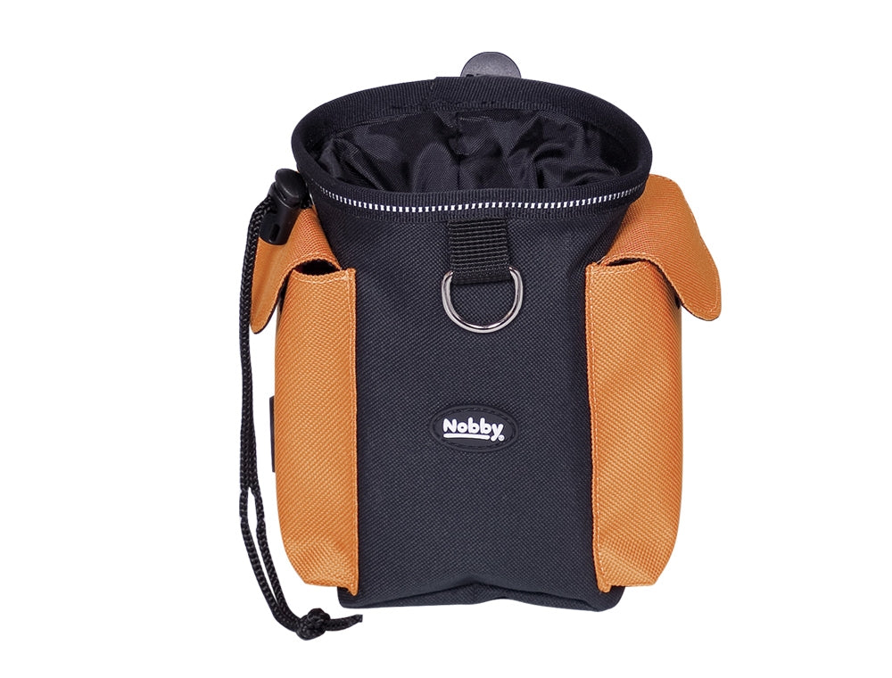 Black and orange chalk bag with Nobby logo on a white background