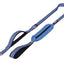 Blue dog leash with a handle and pouch on a white background