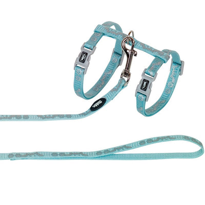 Cat harness and leash set with reflective design on a white background