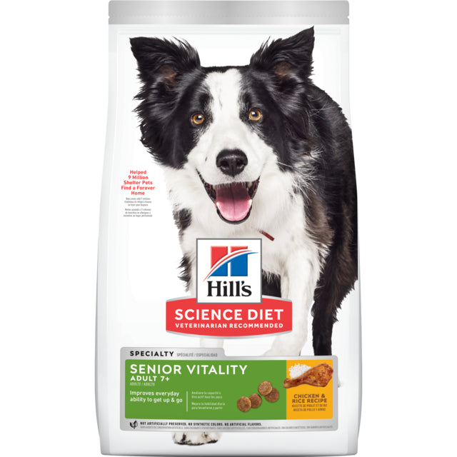Hills Science Diet Senior Vitality dog food package with a black and white dog on the label.