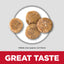 Dog kibble on a white plate with 'GREAT TASTE' text on a gray background