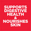 Red background with white text stating 'Supports Digestive Health & Nourishes Skin'.
