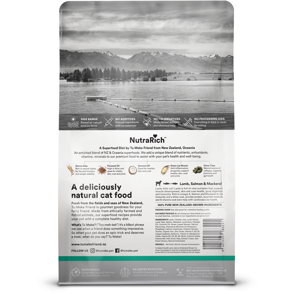 NutraRich cat food packaging with a scenic background