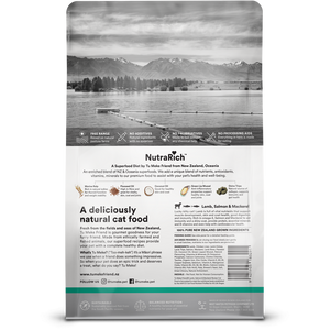 NutraRich cat food packaging with a scenic background