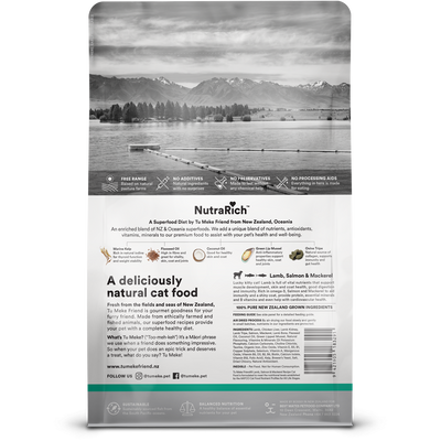 NutraRich cat food packaging with a scenic background