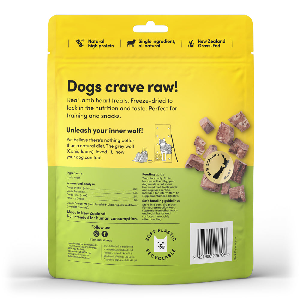 Package of Animals Like Us Grass-Fed Lamb Heart freeze-dried raw dog treats on a white background