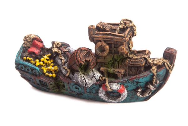 AquaWorld Blue Fishing Boat Aquarium Ornament - 13.5cm