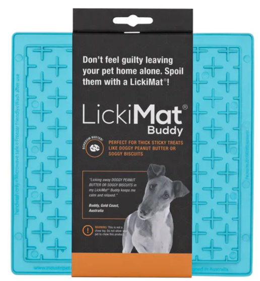 LickiMat Buddy packaging with blue mat and black label featuring LickiMat branding.