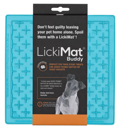 LickiMat Buddy packaging with blue mat and black label featuring LickiMat branding.