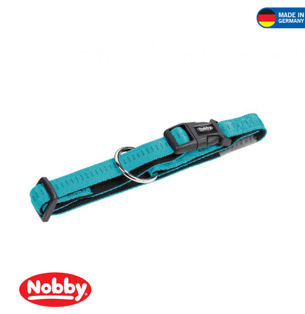 Teal dog collar with black buckle on a white background, featuring Nobby branding.