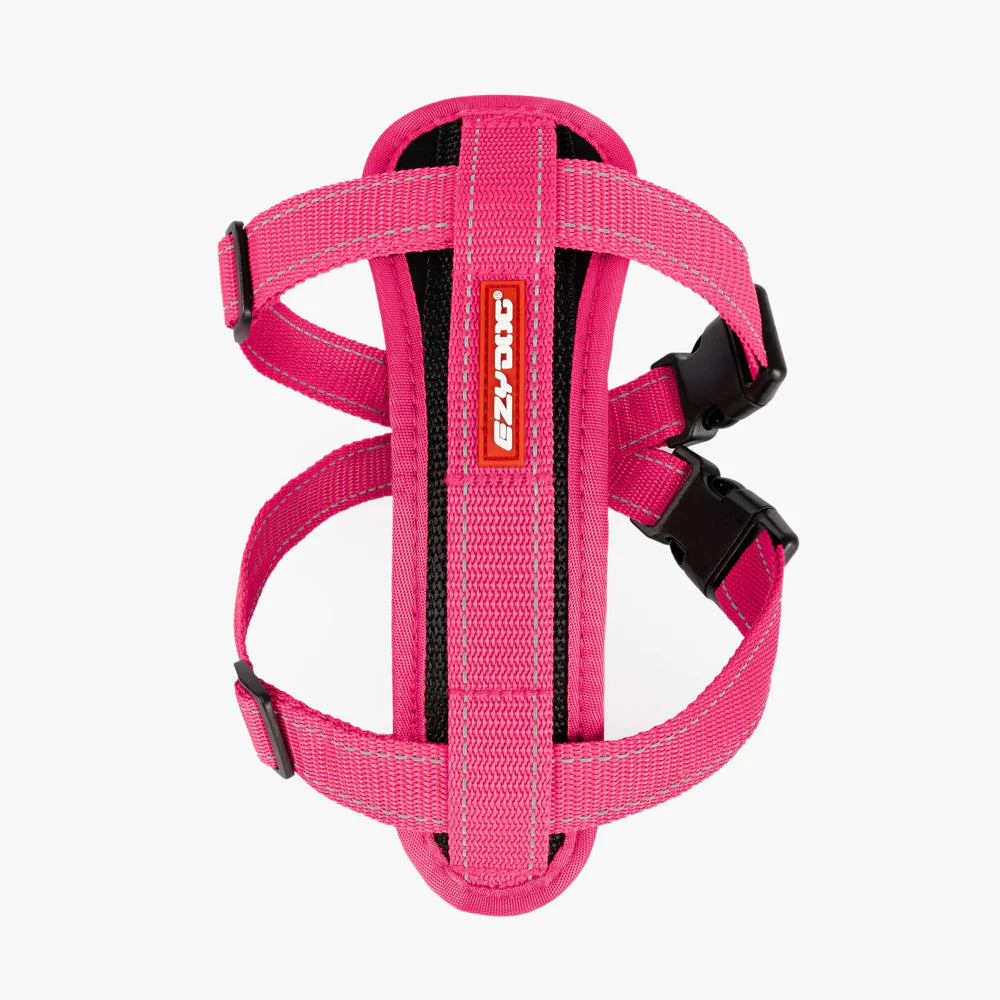 Pink dog harness with black straps on a white background