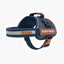 Blue dog harness with brown accents and EzyDog branding on a white background