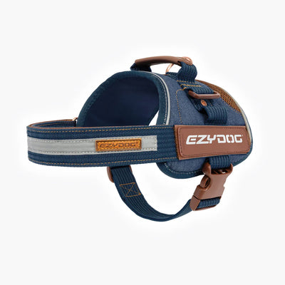 Blue dog harness with brown accents and EzyDog branding on a white background