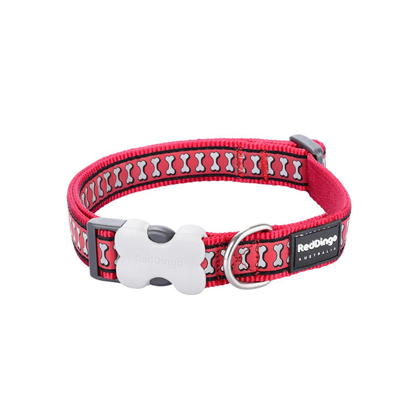 RedDingo Reflective Bones Dog Collar - High Visibility Safety | Red