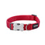 Red dog collar with a bone-shaped buckle and brand logo on a white background