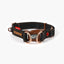 Dog collar with black strap, brown leather accents, and visible brand logo on a white background