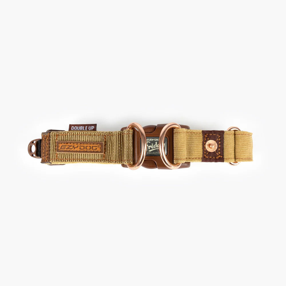Dog collar with gold and brown accents on a white background