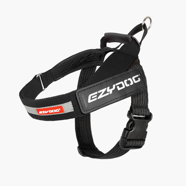 Black dog harness with EzyDog branding on a white background