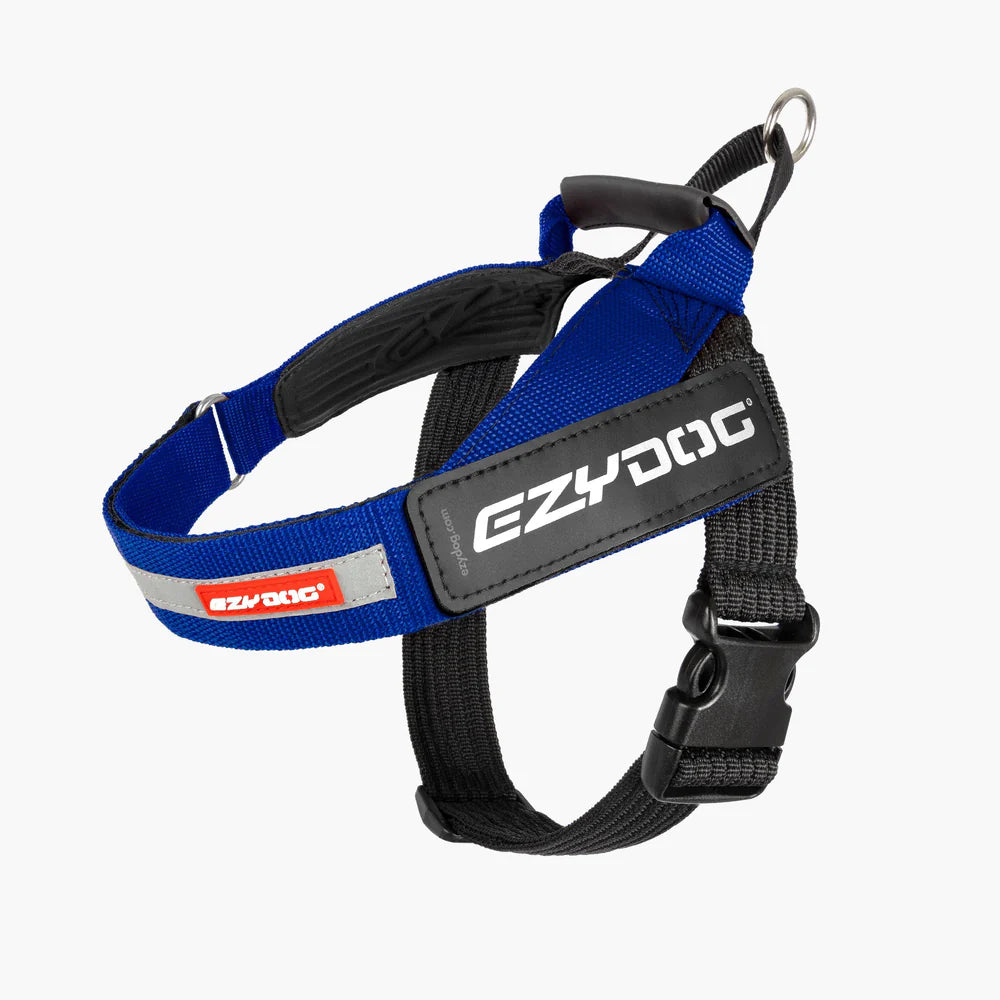 Blue and black dog harness with EzyDog branding on a white background