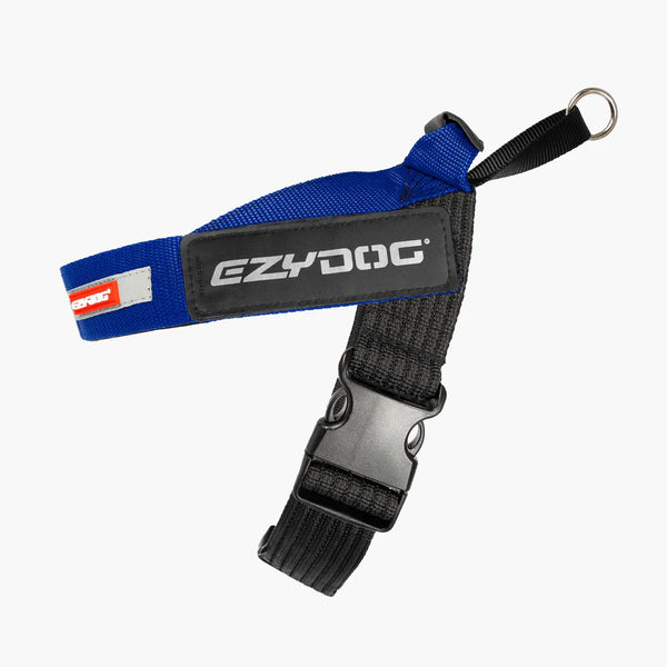 Blue and black dog leash with EzyDog branding on a white background