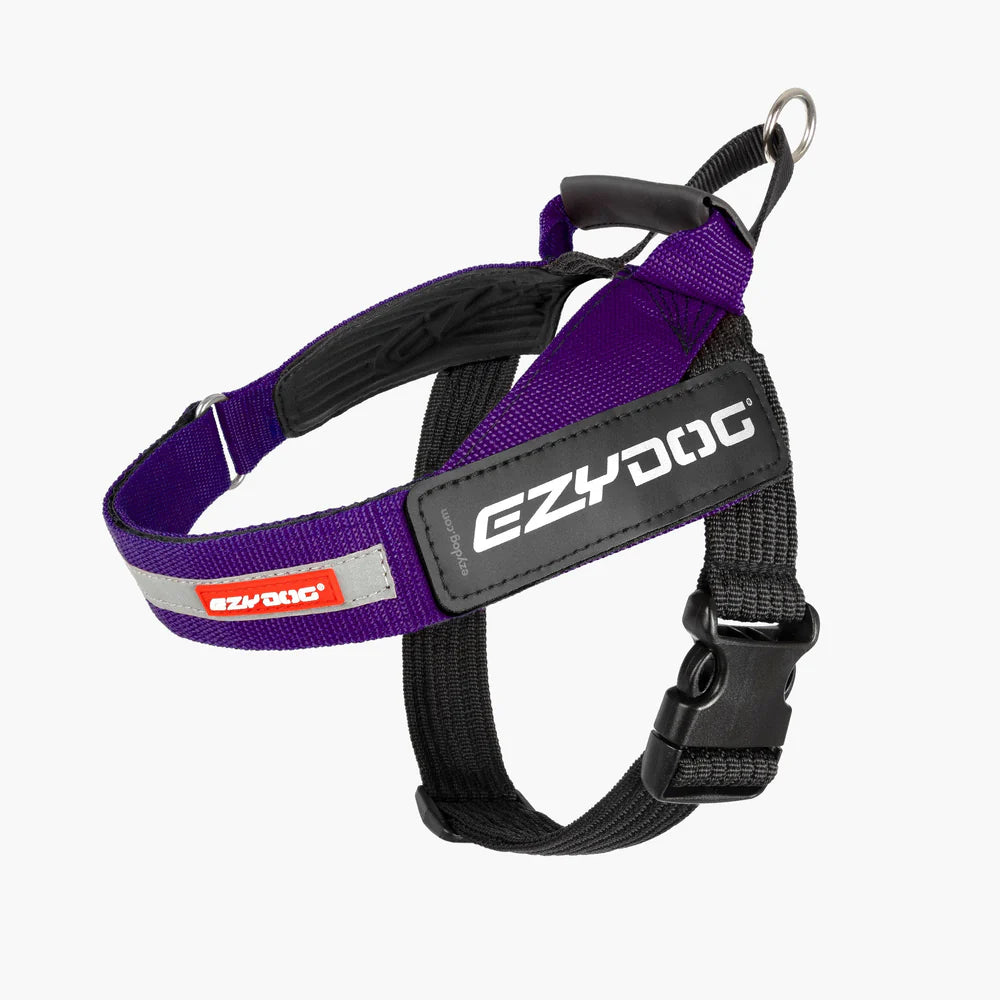 Purple dog harness with EzyDog branding on a white background